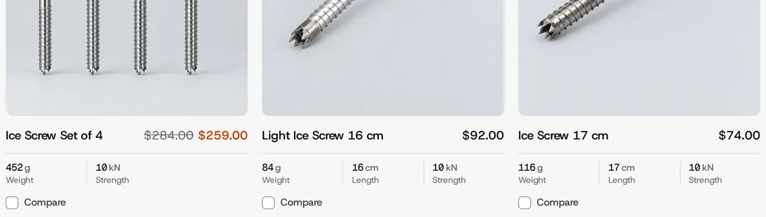Three ice screw cards with weight, length and strength under each product name