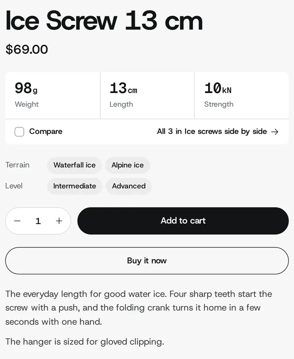 Product page for a 13 cm ice screw with weight, length and strength shown as large values, above the terrain and level it is made for